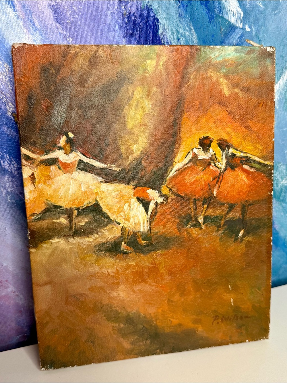 Ballerina Ballet Vintage Oil Painting Art Study of Degas Signed P Wilson 8 x 10